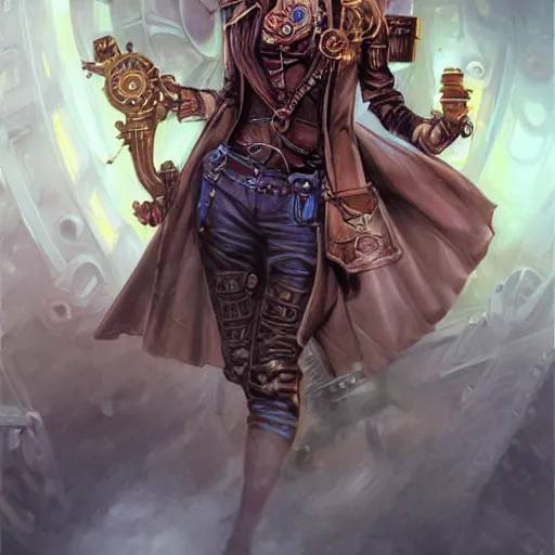 Image similar to steampunk artificer, cute, oil painting, portrait, intricate complexity, rule of thirds, in the style of Adam Paquette, Svetlin Velinov, Daarken, Artgerm, Keith Thompson, and Eric Deschamps, magic the gathering art, character concept