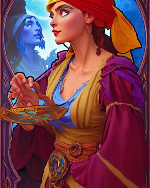 Image similar to renaissance gypsy fortune teller, comic cover painting, masterpiece artstation. 8 k, sharp high quality artwork in style of wayne reynolds, alphonse mucha, greg rutkowski, and don bluth, concept art by jack kirby, blizzard warcraft artwork, hearthstone card game artwork