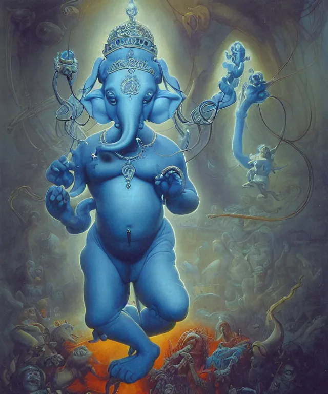 Image similar to blue ganesha with man ’ s body, glowing fiery background, in the style of peter mohrbacher, wayne barlowe, gustav moreau, bussiere, roberto ferri, santiago caruso, luis ricardo falero, austin osman spare, colorful