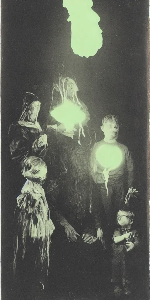 Image similar to spirit photography with glowing bulbous ectoplasm, scary reed people, sleep paralysis demon, 1 9 0 0 s, slimer, mourning family, invoke fear and dread, old photograph, daguerreotype