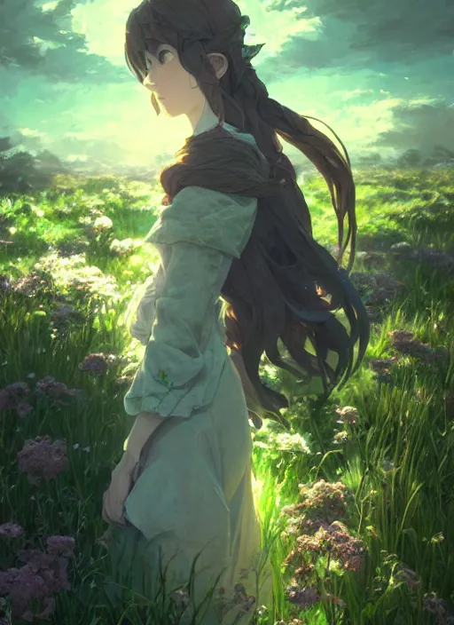 Image similar to a portrait of the emerald herald in the garden, intricate, tone mapped, ambient lighting, highly detailed, digital painting, concept art, sharp focus, by makoto shinkai and akihiko yoshida and hidari and wlop