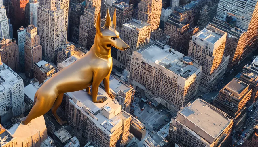 Prompt: a giant anubis statue placed in new york, sunset, drone footage, sharp focus, professional photo