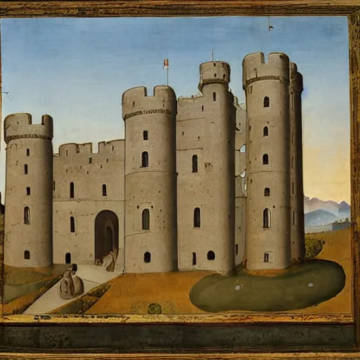 Image similar to a castle with many storey and towers in a serene landscape, by giotto