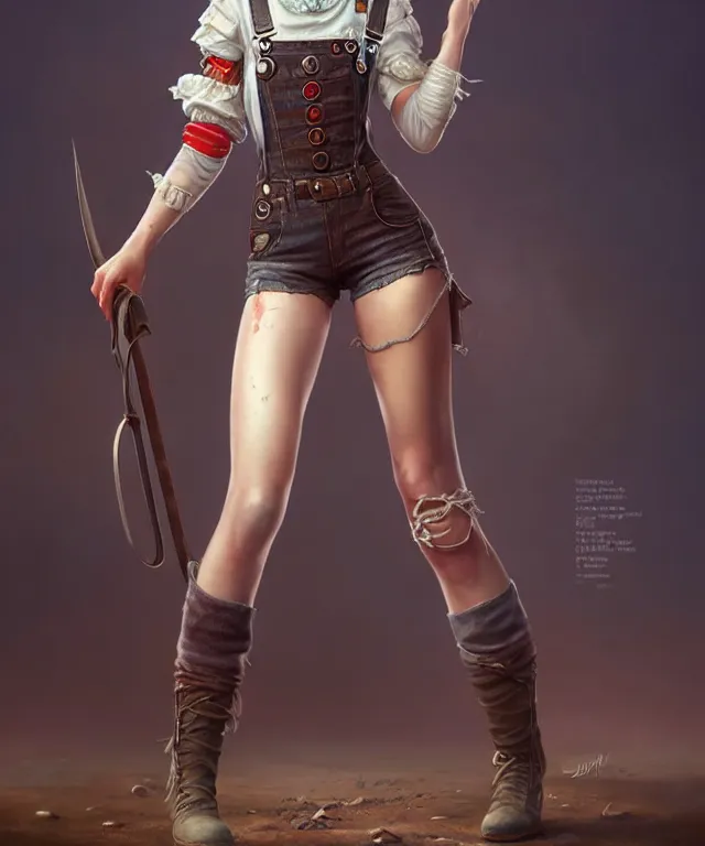 Prompt: full body pose, ciri, torn overalls, short shorts, combat boots, beautiful, highly detailed face!, extremely detailed!, digital painting, unreal engine 5, art by tom bagshaw