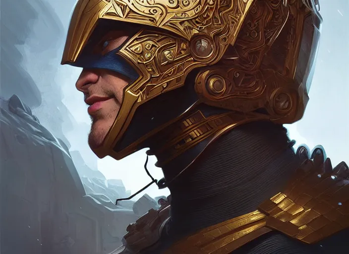 Image similar to portrait of a bonus head software man superhero man, d & d, armour! fantasy, intricate, elegant, highly detailed, digital painting, artstation, concept art, smooth, sharp focus, illustration, art by artgerm and greg rutkowski and alphonse mucha
