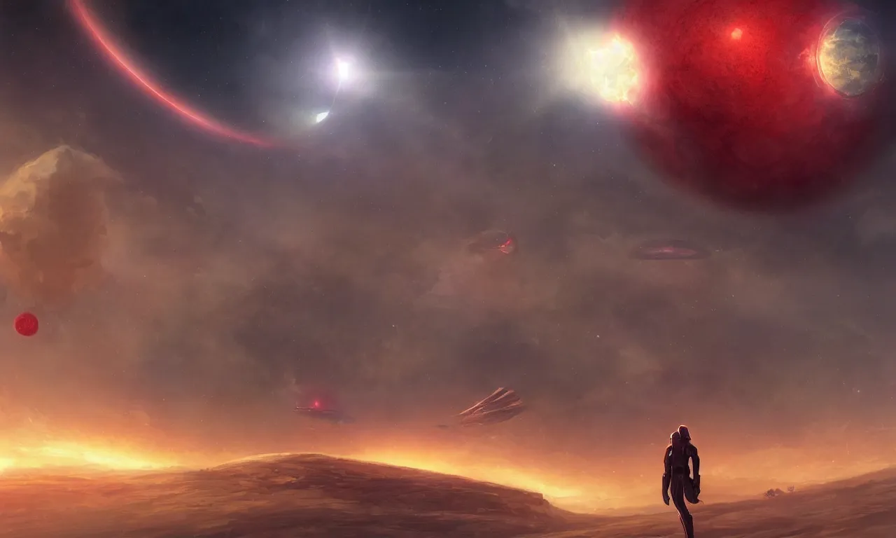 Image similar to a vew above a red alien planet. in the foreground there is aa gigantic and long alien spacecraft. in the background there is a wormhole. scifi, in the style of Charlie Bowater, Charlie Bowater