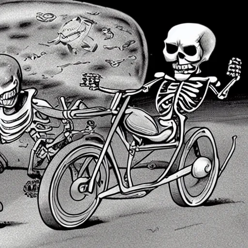 Prompt: a skeleton driving a motor cycle on venus, cartoon,