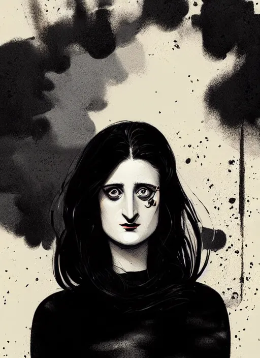 Image similar to highly detailed closeup portrait of beautiful grace gummer as dom dipierro, wavy ginger hair, black dress, by atey ghailan, by greg rutkowski, by greg tocchini, by james gilleard, by joe fenton, by kaethe butcher, gradient orange, black and white color scheme, grunge aesthetic!!! ( ( graffiti tag wall background ) )