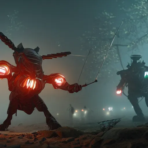 Image similar to highly detailed octane render of giant glowing insects chasing short fat men with giant beards who each hold a gun and wear armour. Depth of field