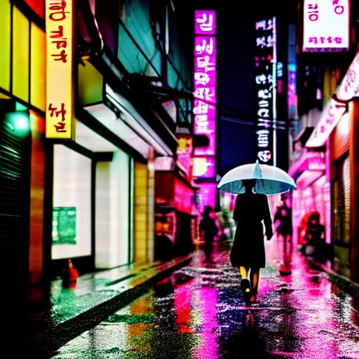 Image similar to photo of a rainy night in a cyberpunk street in seoul, storefronts are made out of neons, a cyberpunk woman is walking in the middle of the street. hyper realistic rendering photography, long shot, 4 k