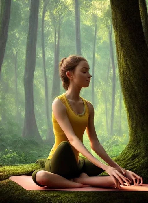Prompt: young woman sitting in yoga pose : : forest nature : : weta disney pixar movie still photo : : decadent highly - detailed digital painting, full length shot, golden ratio, octane render, artstation, smooth, sharp focus, artgerm, mucha, loish, wlop, gogo