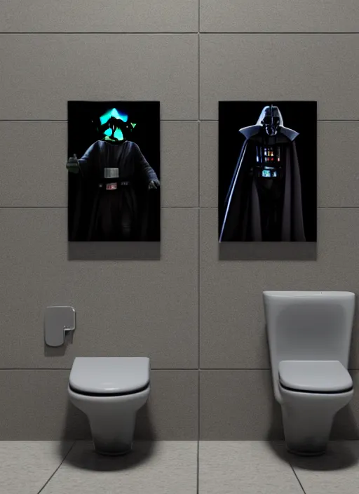 Prompt: yoda and darth vader at separate urinals next to each other, photorealistic photography