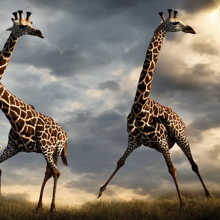 Image similar to a bird giraffe with long spiked wings, jaguar legs and a latex costume , cinematic lighting, photorealistic image, 8k, ultra detailed, high resolution,