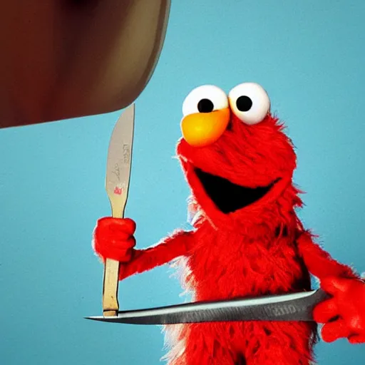 Prompt: elmo holding a bloody knife, forced perspective, as seen by an ant, tv still