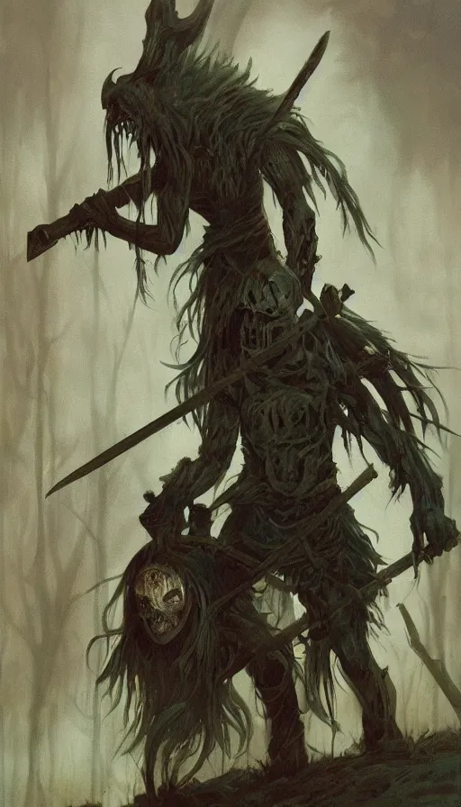 Image similar to painting of undead wight warrior, forest and cabin, muted colors, night scene, by brom