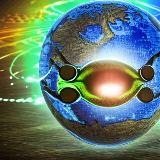 Image similar to frog with 3 eyes ponders holographic image of globe with evil smile, dark room