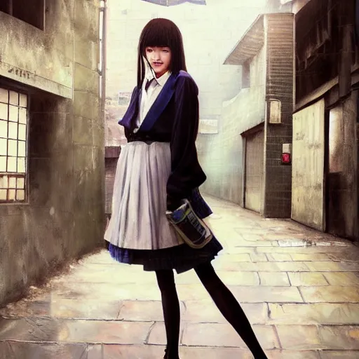 Image similar to a perfect, realistic professional oil painting of a Japanese schoolgirl posing in a dystopian alleyway, style of Marvel, full length, by a professional American senior artist on ArtStation, a high-quality hollywood-style concept