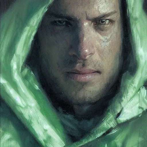 Prompt: portrait of a chad programmer with green hood by jeremy mann, dramatic lighting, close up