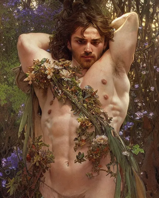 Image similar to god of the forest, 3 0 years old, rugged, male, gorgeous, detailed face, amazing, thighs, flowers, muscular, intricate, highly detailed, digital painting, artstation, concept art, sharp focus, illustration, art by gaston bussiere greg rutkowski alphonse mucha