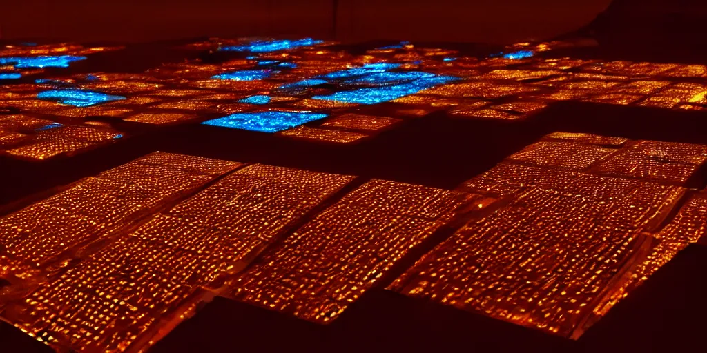 Image similar to 9-track machines made of digital grids and glowing stones with embedded LEDs. amber glowing screens.