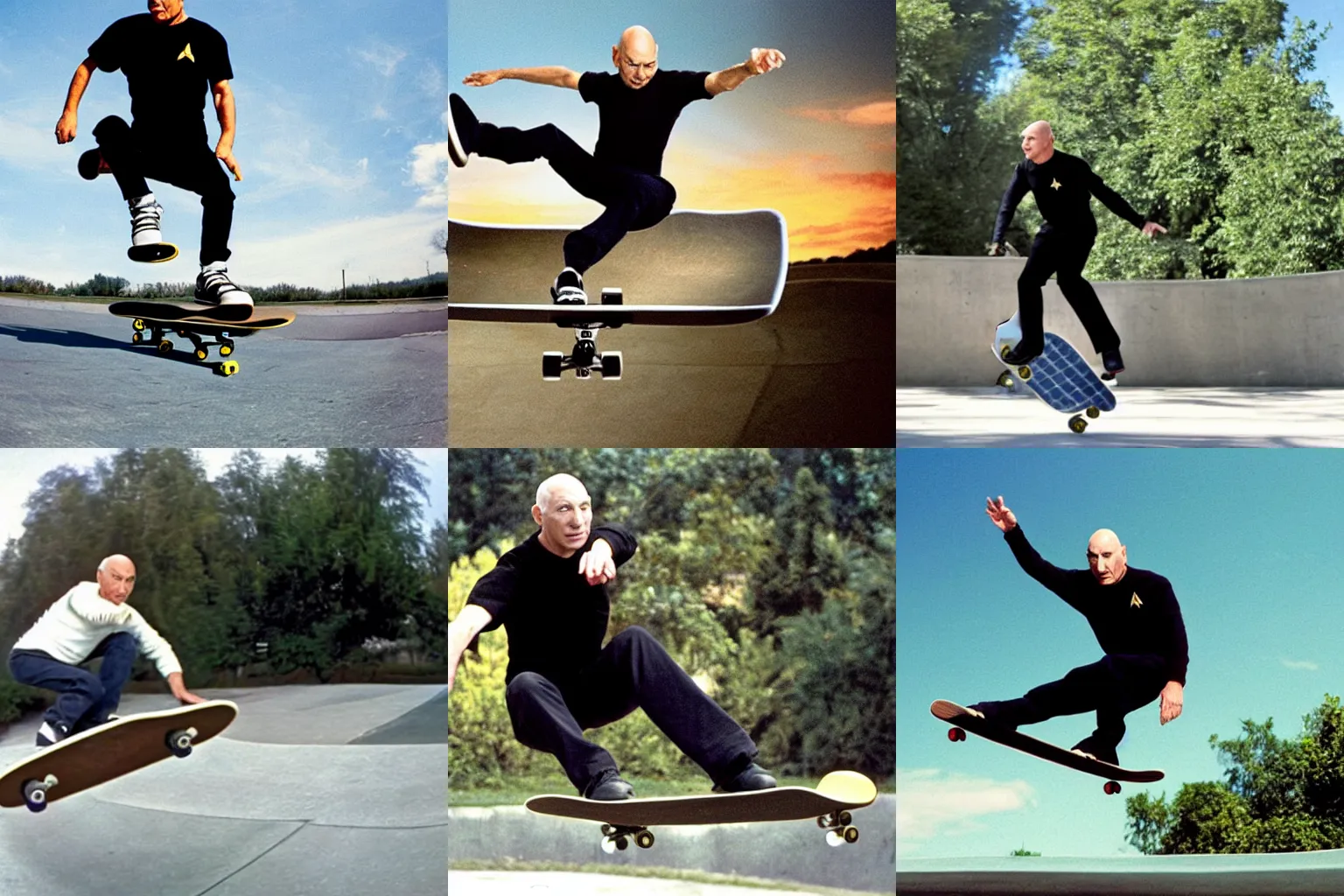 Prompt: a photo of Jean-Luc Picard doing a kick flip on his skateboard, wide angle, television, Star Trek