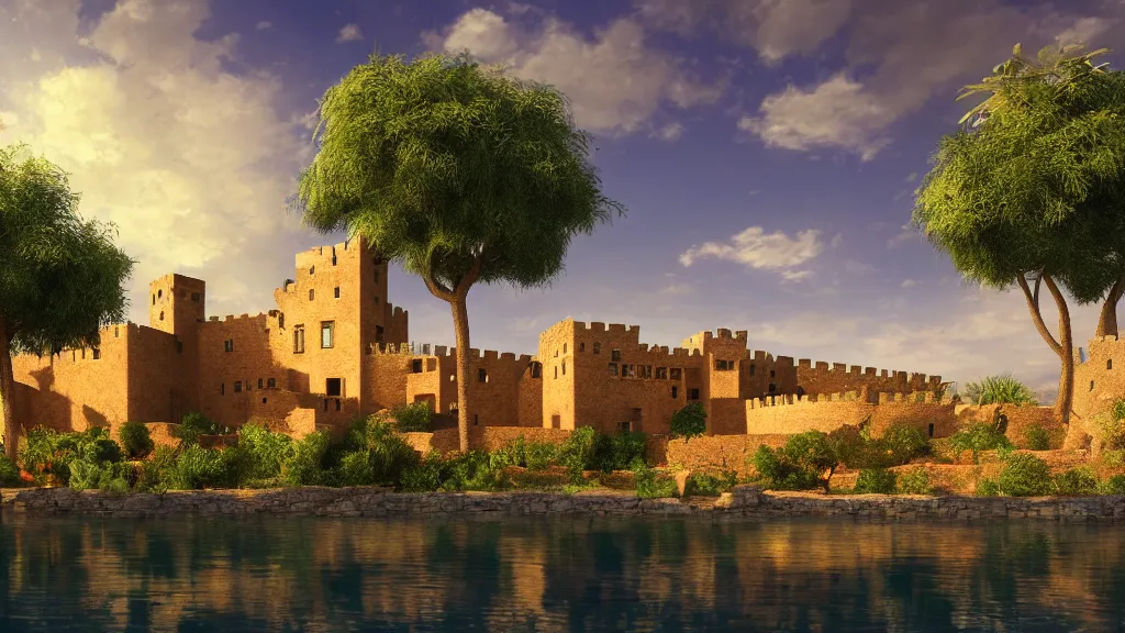 Prompt: adobe castle with large swimming pool surrounded by lemon trees in the desert, game of thrones, volumetric lighting, fantasy artwork, very beautiful scenery, very realistic painting effect, hd, hdr, cinematic 4 k wallpaper, 8 k, ultra detailed, high resolution, artstation