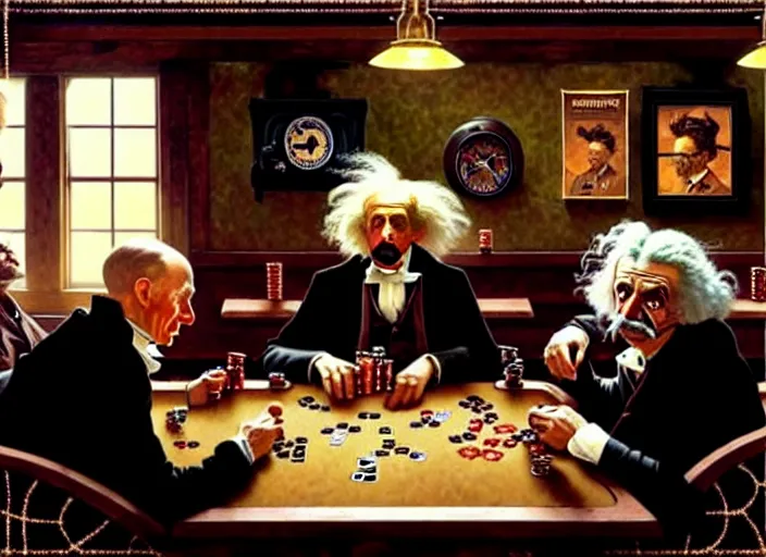 Image similar to in an old west saloon isaac newton and stephen hawkins and albert einstein playing poker, intricate, highly detailed, centered, digital painting, artstation, concept art, smooth, illustration, muted colors, art by norman rockwell and greg rutkowski and james gurney chuck close