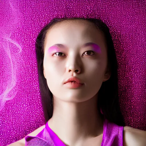 Image similar to photo of slim girl, 2 0 yo, close - up, high detail, studio, smoke, sharp, pink violet light, studio, 8 5 mm sigma art lens