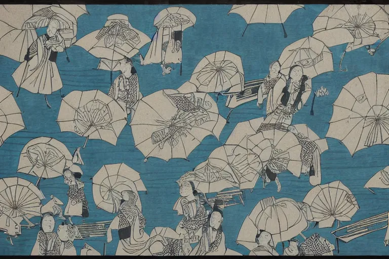 Image similar to geishas walking with umbrellas patterned dresses highly detailed fine wood block print
