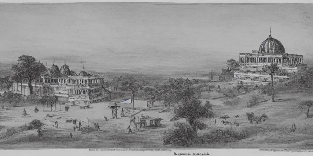 Prompt: ashanti palace, located atop a hill overlooks the capital city. 1 8 7 4. colonial era sketch