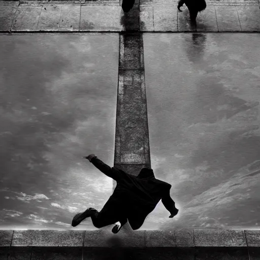 Image similar to a highly detailed epic cinematic black and white painting artwork inspired by Henri Cartier-Bresson's Behind the Gare Saint-Lazare, man jumping over a puddle of water. World Press Photo winner, enhanced and corrected in Photoshop, octane render, excellent composition, cinematic atmosphere, dynamic dramatic cinematic lighting, aesthetic, very inspirational, arthouse