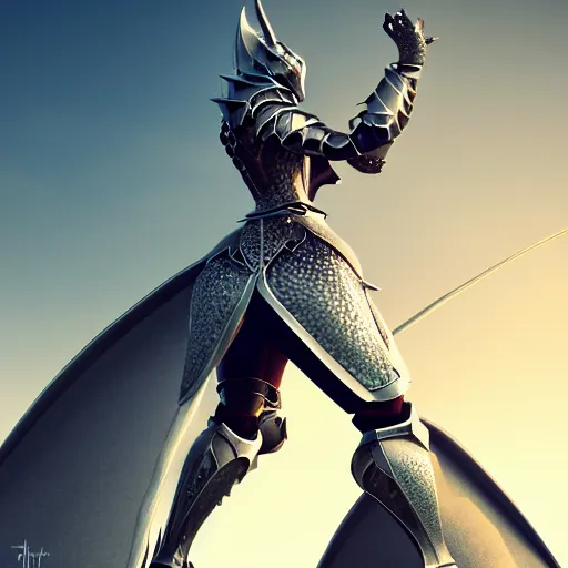 Prompt: highly detailed realistic stunning shot of a beautiful elegant anthropomorphic female dragon knightess doing a majestic pose, armor made of steel, sharp claws and tail, cloak flittering in the wind, high quality, HD octane render, epic cinematography, Artstation, Deviantart, Furaffinity