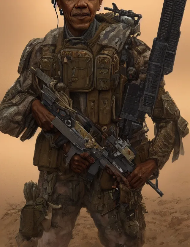 Prompt: a portrait of barack obama wearing tactical combat desert camouflage gear, by moebius and tyler edlin and hr giger, trending on artstation, digital art, 4 k resolution, detailed, high quality, sharp focus, hq artwork, coherent, insane detail, concept art