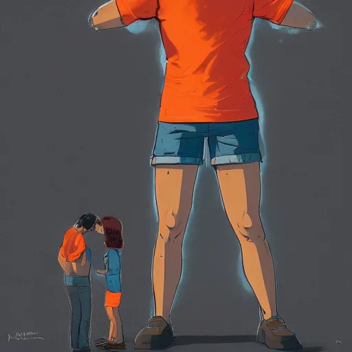 Image similar to man in orange t - shirt hugging girl, vivid colors, character sheet, fine details, concept design, contrast, kim jung gi, greg rutkowski, trending on artstation, 8 k, full body, turnaround, front view, back view, ultra wide angle