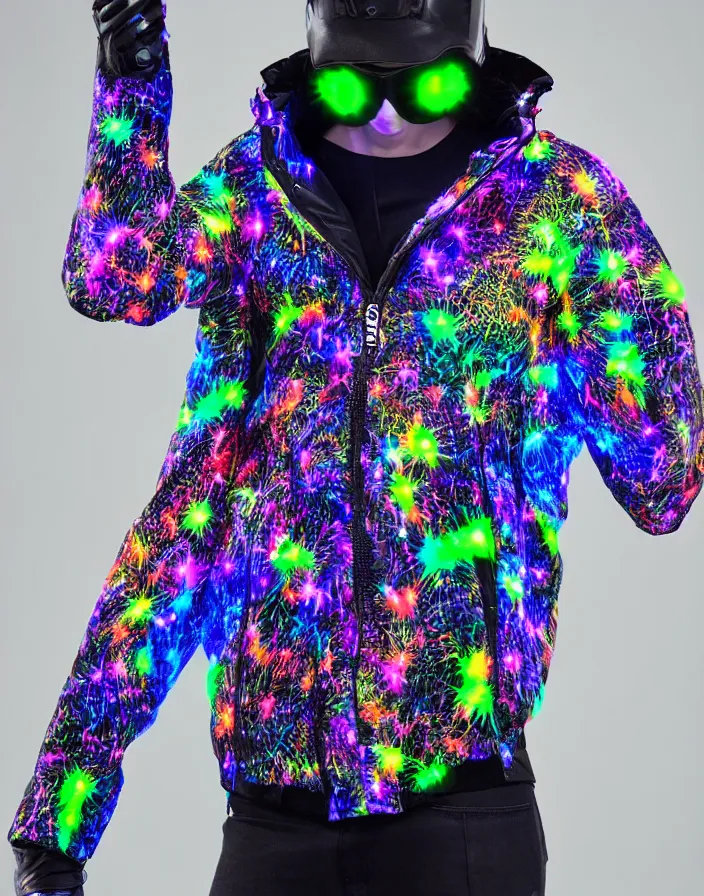 Prompt: generative design autumn season rave jacket with led screen skin and fluffy lining in the style of cyberdog, futuristic psychedelic hippy, product shot, dark background