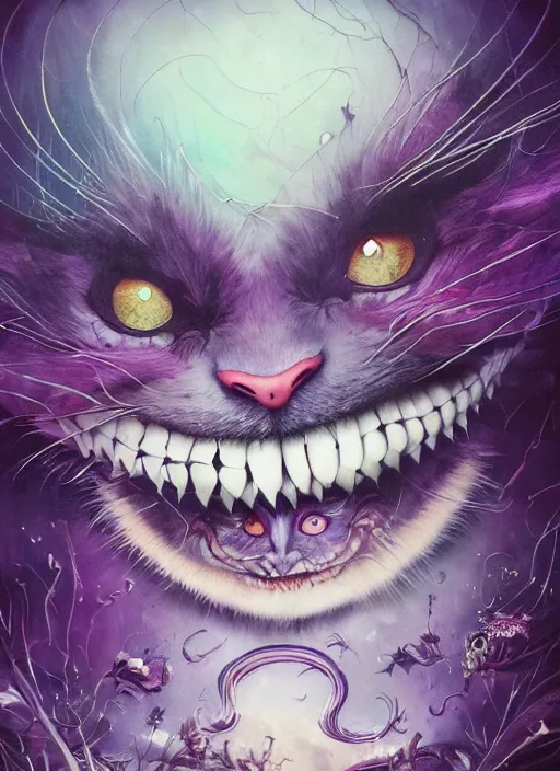 Image similar to cheshire cat, highly detailed, cinematic, 8 k, by megan duncanson, benjamin lacombe, stanley artgermm, tom bagshaw, craig mullins, carne griffiths, ayami kojima, beksinski, giger, trending on deviantart, hyper detailed, horror, full of colour