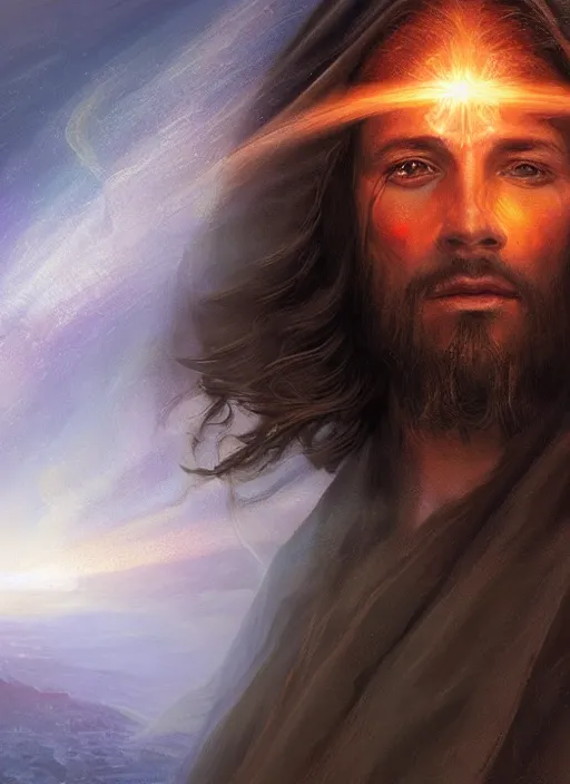 Image similar to detailed portrait of Jesus wearing a cloak over his head, eyes on fire with celestial flames, a halo of shimmering color around him, future earth in the background, by Jason Jenicke and Jeremy Mann, intricate, beautiful, stylized, detailed, realistic, loose brush strokes, dramatic, enduring, captivating, Artstation
