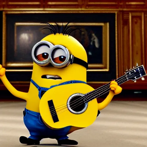 Prompt: super cute minion playing the guitar at the White House, movie still
