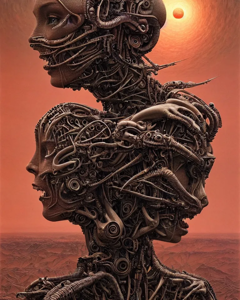 Image similar to ultra realist intricate detailed portrait of an attractive female turning into a cyborg in an alien landscape, insanity, accurate features, apocalyptic, very intricate details, 8 k resolution, dim lighting, volumetric lighting, artstyle, zdzisław beksinski and keith thompson, award winning