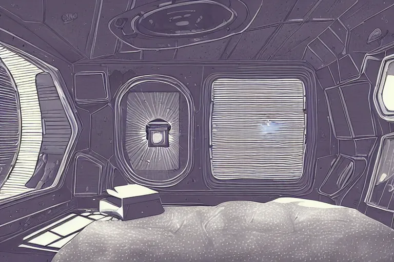 Image similar to small bedroom quarters inside rocket ship with gray metallic factory engine walls and small window looking into space, details, sharp focus, intricate, high definition, movie set, retro style, 1970s, 1980s, sci-fi, digital Art, 3D, realistic photograph, lucasfilm, space odyessy