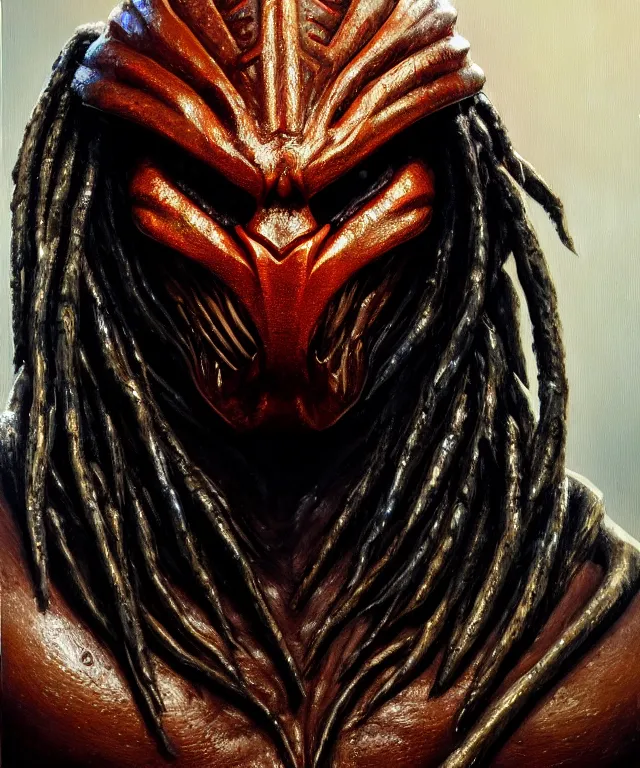 Image similar to a bust shot of the predator by ken barthelmey, oil on canvas, deep depth field, masterpiece, trending on artstation, featured on pixiv, cinematic composition, hyper - detailed, hd, hdr, 4 k, 8 k