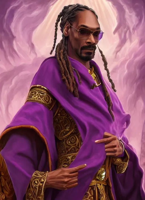 Image similar to snoop dogg as a mage, short beard, grumpy, intricate purple robes, Ivan Aivakovsky, Boris Vallejo, epic fantasy character art, D&D Concept Art, full length, ultra Realistic, Regal, Refined, Detailed Digital Art, Exquisite detail, post-processing, masterpiece, Cinematic Lighting, Unreal Engine, 8k, HD,