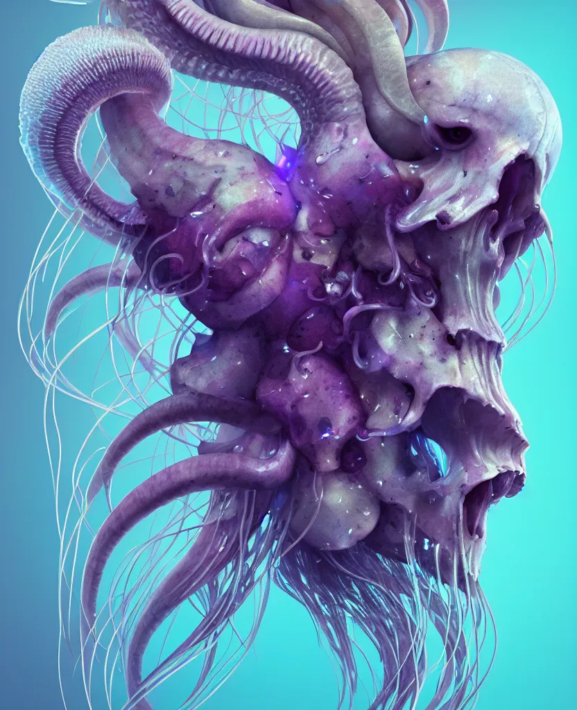 Image similar to goddess close-up portrait ram skull. jellyfish phoenix head, nautilus, orchid, ram skull, betta fish, bioluminiscent creatures, intricate artwork by Tooth Wu and wlop and beeple. octane render, trending on artstation, greg rutkowski very coherent symmetrical artwork. cinematic, hyper realism, high detail, octane render, 8k
