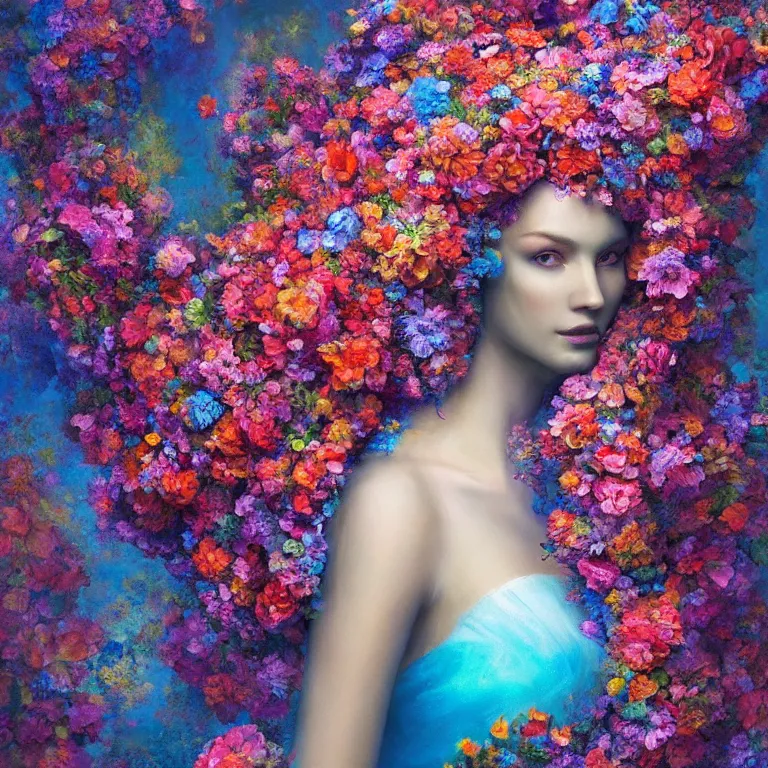 Image similar to a beautiful oil painting hyperrealism of a beautiful woman covered in flower bouquets, floral headdress, 8 k resolution, octane render, trending on artstation, by gediminas pranckevicius, volumetric light 2 blue fractal thunder glow by dan mumford, anaglyph effect, laurie lipton