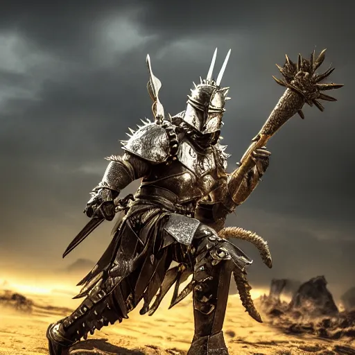 Image similar to warrior with spiky armour and a mace, highly detailed, dramatic lighting, cinematic, 4k