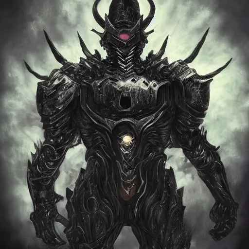 Image similar to extremely detailed artwork of an armored dark figure in a dark evil forest, super sayan, glowing hands, Sauron, Ultron, speedster, fantasy art, fog, heavy armor, knights armor, cinematic pose, pose