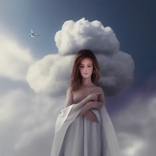 Prompt: goddess wearing a cloud fashion is looking on us from above, photoshop, colossal, creative, albino skin, giant, digital art, photo manipulation, clouds, covered in clouds, girl clouds, on clouds, covered by clouds, airplane in the sky, white hair, digital painting, artstation