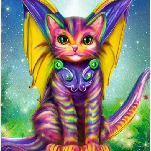 Image similar to a very cute fantasy cat with beautiful dragon wings by lisa frank