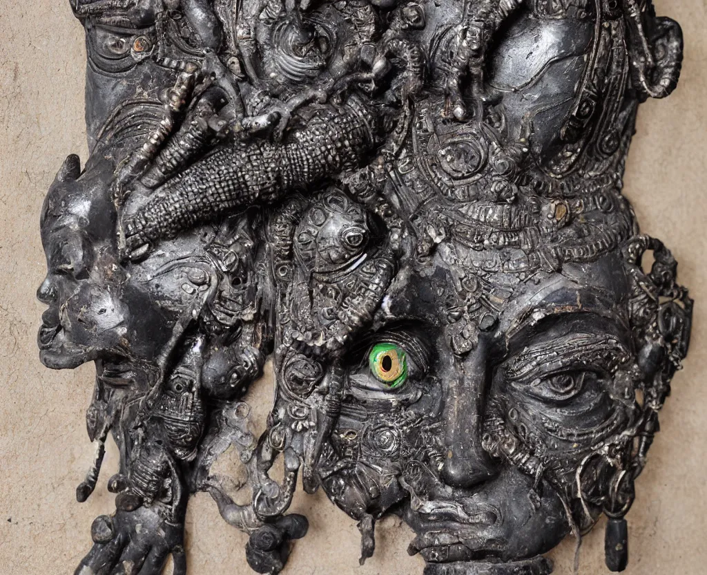 Prompt: high relief indian sculpture of cyborg demon woman, made of polychrome plaster stucco, covered in black shiny metallic paint, middle eastern, cracked, gyokugan eyes, dirty, low modern faceted style patterns, realistic, on a large marble wall, highly detailed, photography, high contrast, masterpiece,