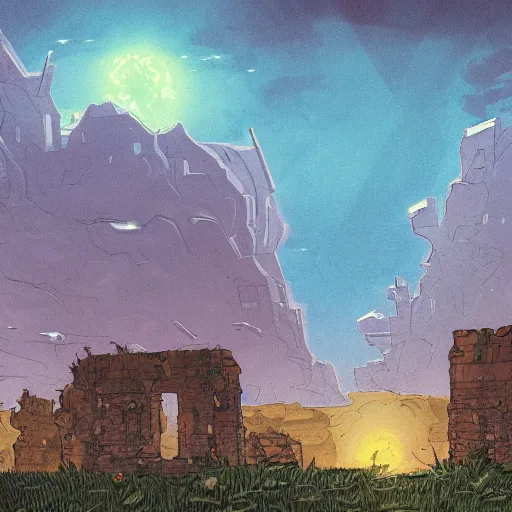 Image similar to Landscape of a desolate land, ruins of a civilization of the future, vegetation on the ruins, night sky with storm, the dark sun, illustrated by Patrick Gleason, detailed art, artstation, comic art